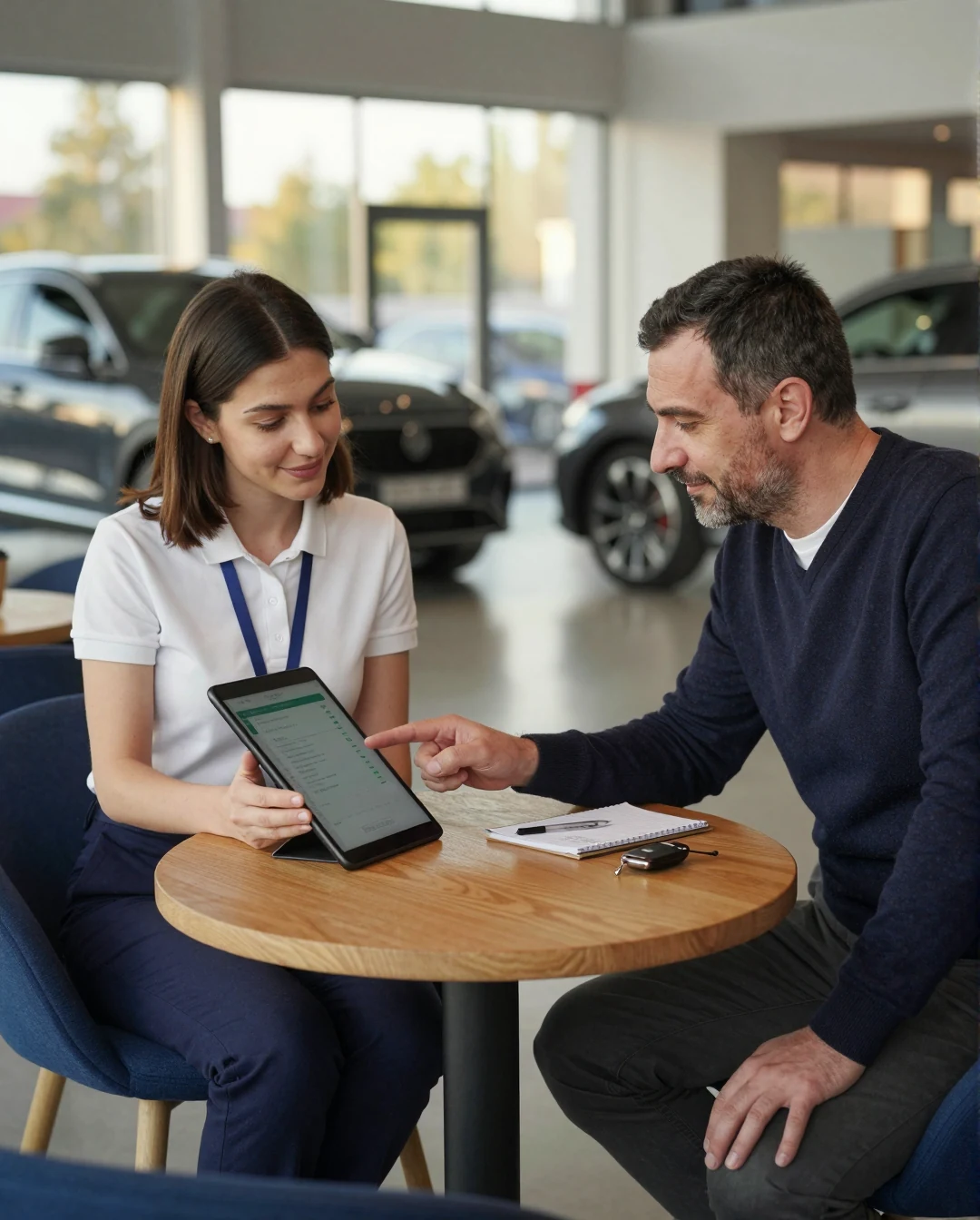 Barem Cars araç değerleme – müşteri ile çalışan tabletten anlık fiyatı görüyor